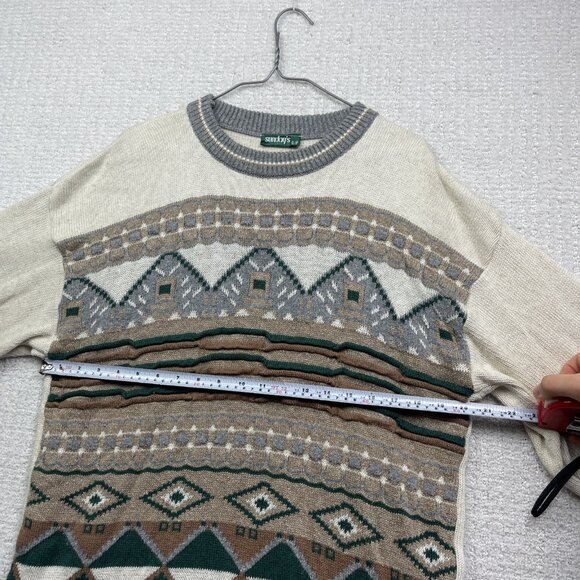 VTG Sunday's Men S Sweater Off-White / Green 3D Knit Wool Blend Canada Made - Picture 8 of 15